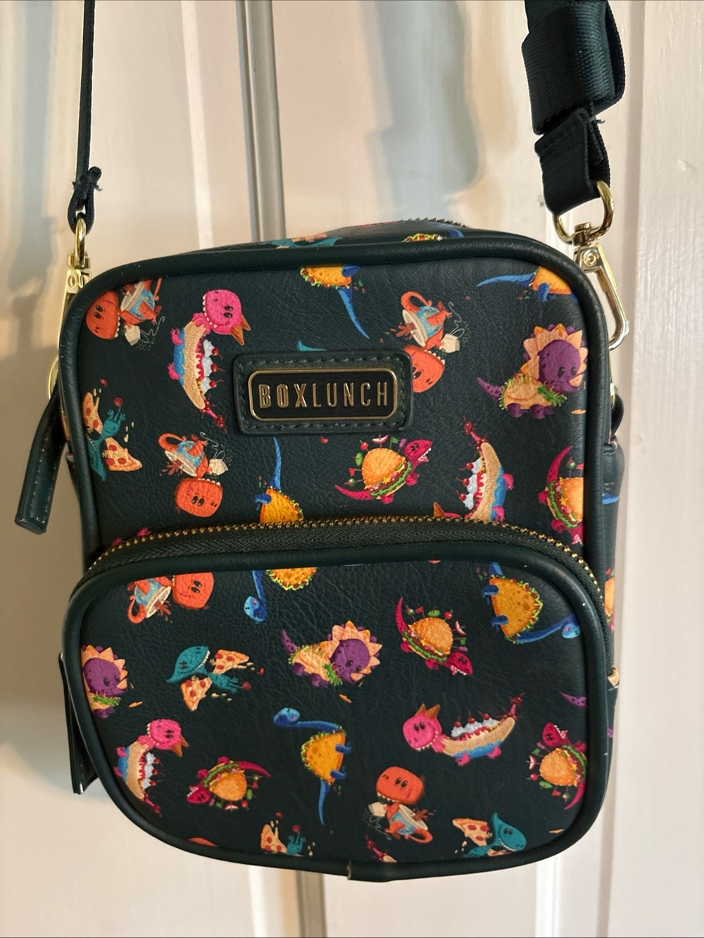 MAD Engine Black Crossbody Bag with Multicolor Dinosaur Print